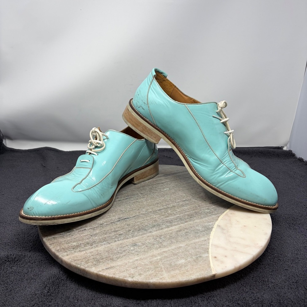 John Fluevog Sea Angel Honorius Aqua Blue Patent Leather Oxfords 11 Shoes Retro